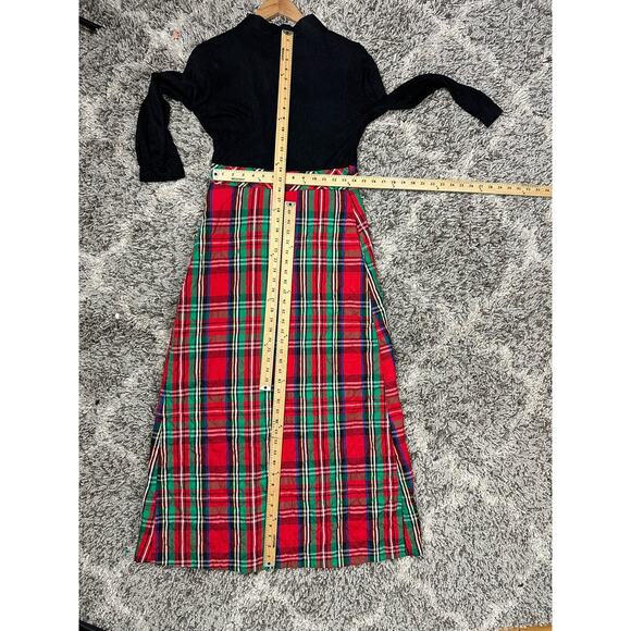 Vintage 60s 70s Maxi Dress Red Quilted Tartan Plaid Black Long Sleeve Christmas - Picture 10 of 12